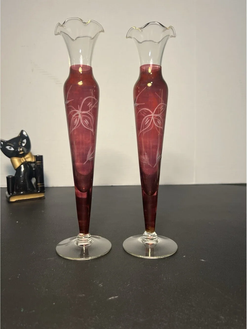Czech Vintage 1950s 2 Bud Vases Cut To Clear Cranberry Flashed Etched Glass, 10”